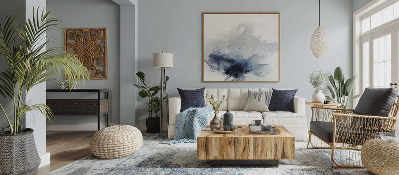 living room with cream and blue colors